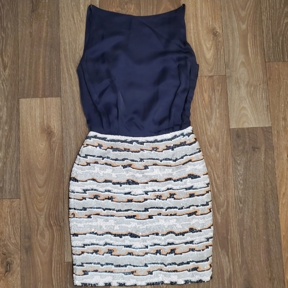 Blaise Kavanagh Silk Sequin Cocktail Dress Black Draped Back Striped Sleeveless - Picture 2 of 10